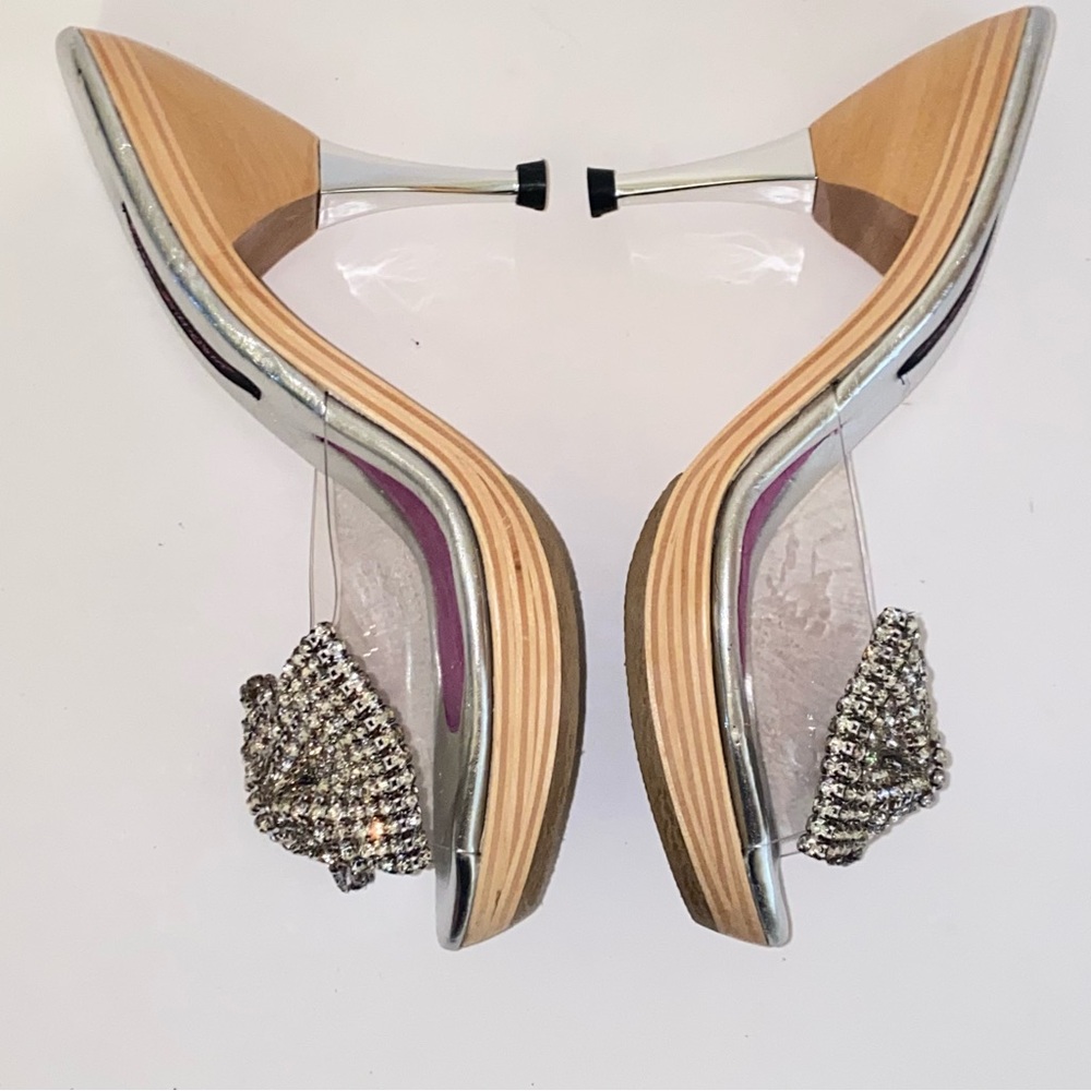 Vintage Betsey Johnson Polly Mules Rhinestone Bow Wood Heel Pin Up - Picture 10 of 14